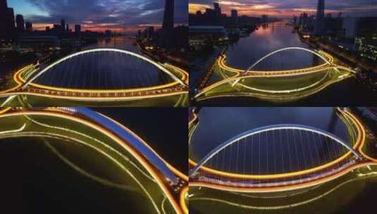 航拍红霞下的广州第一座跨江人行天桥海心桥高清在线视频素材下载