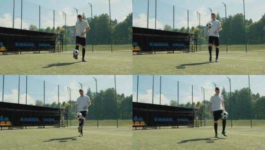 男子足球运动员在草地上颠球高清在线视频素材下载