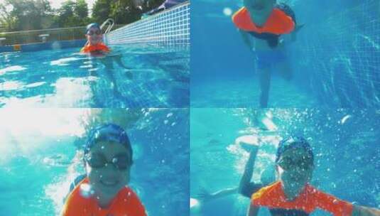 水下摄影小男孩夏天游泳池开心玩耍潜水游泳高清在线视频素材下载