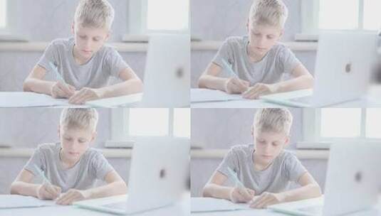 男孩坐在电脑前写作业高清在线视频素材下载