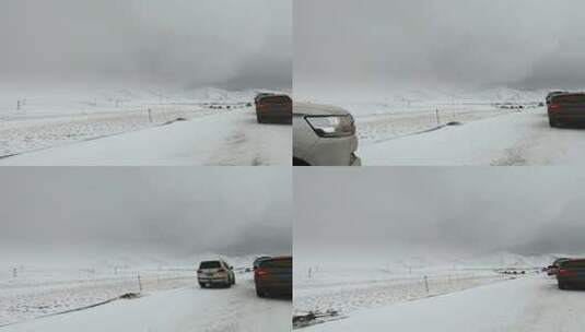 西藏旅游317国道车窗外冰雪路面塞车路段高清在线视频素材下载