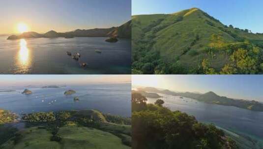 FPV无人机航拍日出海岛海边森林游艇天际线高清在线视频素材下载