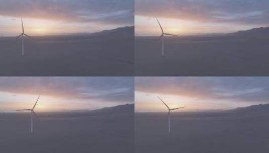 4k航拍冷湖夕阳下的大风车高清在线视频素材下载