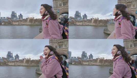 女孩在伦敦塔桥旅游观光高清在线视频素材下载