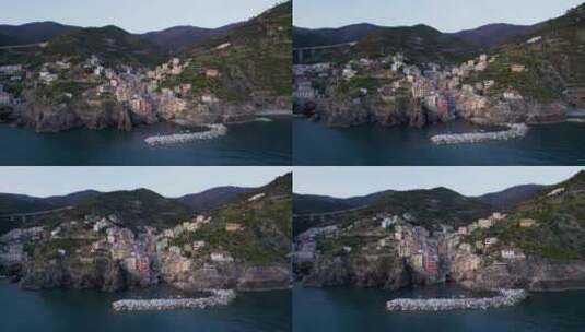 意大利五渔村里欧马焦雷村鸟瞰图。山中小镇。高清在线视频素材下载