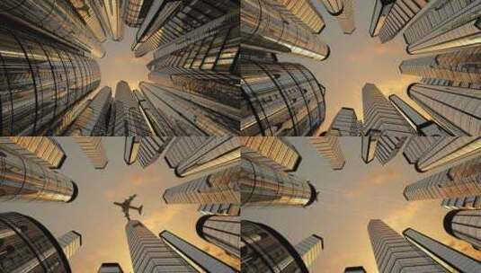 摩天大楼俯仰视角的三维城市合成动画高清在线视频素材下载