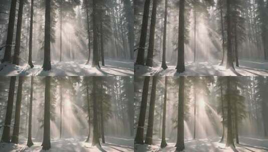 冬天梦幻唯美的清晨森林景观高清在线视频素材下载