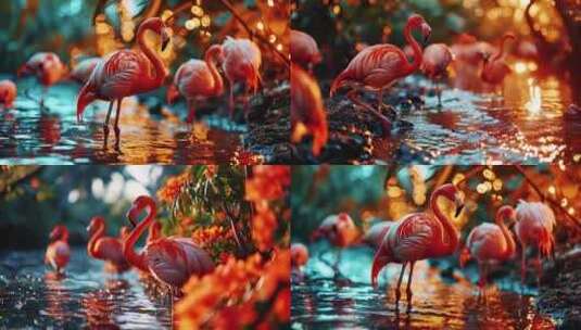 火烈鸟类在湖水里面粉色奇幻热带河流动物高清在线视频素材下载