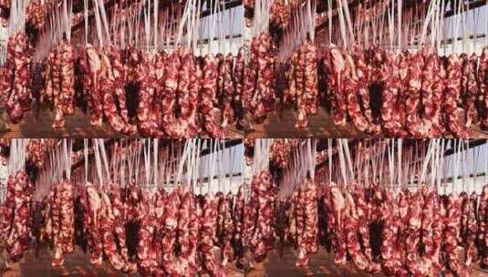 户外晾晒香肠腊肠制作新年春节肉制品年货高清在线视频素材下载