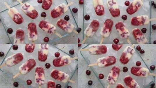 自制的美味樱桃和牛奶冰淇淋冰棒放在装满冰高清在线视频素材下载