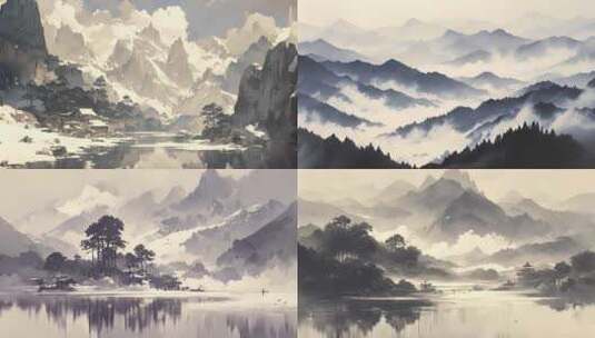 4K中国古典风水墨画水墨山水画禅意风景高清在线视频素材下载