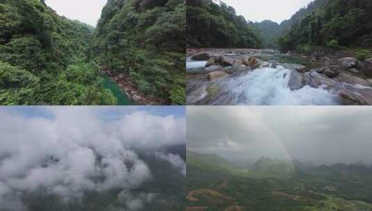fpv穿越机葱郁森林与清澈溪流河流彩虹云雾高清在线视频素材下载