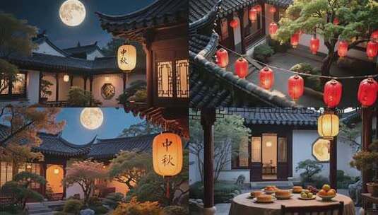 中秋节古建筑挂红灯笼月亮月饼场景素材高清在线视频素材下载