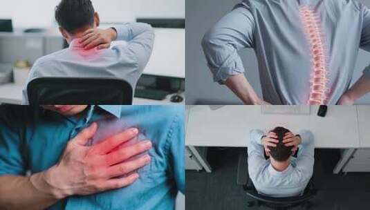 职场人士颈肩腰腿心脏痛，职业病高清在线视频素材下载