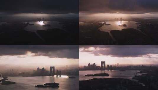 震撼台风天乌云光照下的金鸡湖东方之门高清在线视频素材下载