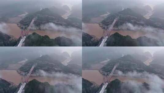 河流山川云雾桥梁建设风景航拍高清在线视频素材下载