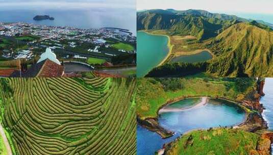 葡萄牙亚速尔群岛海岸边城镇鸟瞰全景高清在线视频素材下载