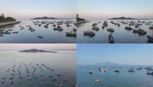 威海海上众多渔船赶海停泊画面高清在线视频素材下载