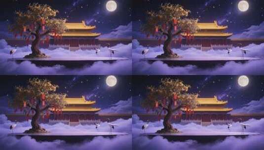古风月夜宫殿与仙鹤场景高清在线视频素材下载