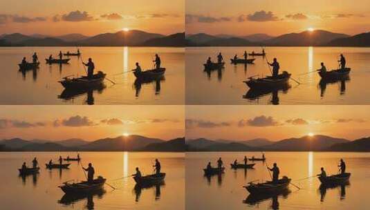 夕阳下湖面渔船捕鱼场景高清在线视频素材下载