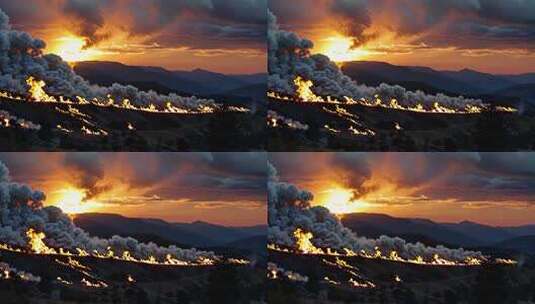 山林火灾夕阳下的火焰烟雾高清在线视频素材下载