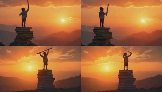 书籍堆上的逐梦少年高清在线视频素材下载