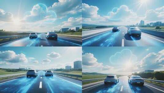 公路上行驶汽车与数据云画面高清在线视频素材下载