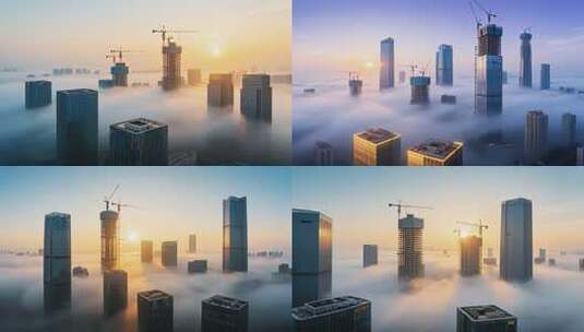 城市高楼云海中日出景象高清在线视频素材下载