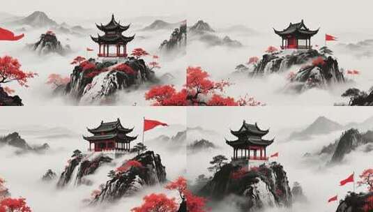 中式山水楼阁风景画面高清在线视频素材下载