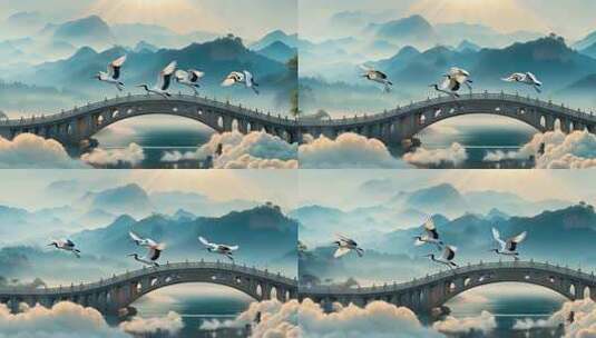 中式山水间飞鹤过拱桥画面高清在线视频素材下载