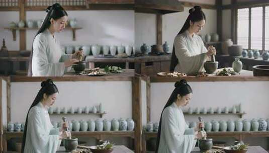古装女子室内研磨中药材素材高清在线视频素材下载