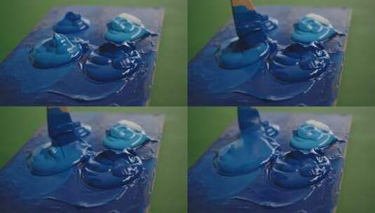 调色板上的蓝色系颜料高清在线视频素材下载