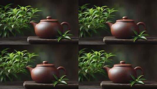 静谧茶室紫砂壶与绿植的和谐意境高清在线视频素材下载