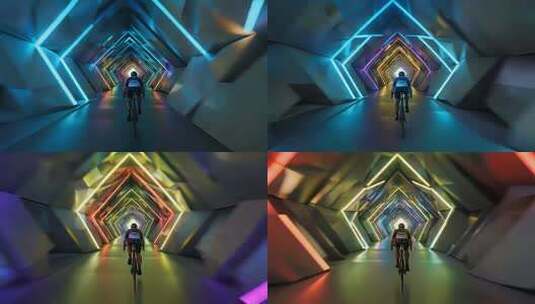 骑行者穿梭灯光隧道高清在线视频素材下载