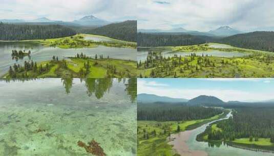 航拍森林河流湖泊高山山脉蓝天白云大自然高清在线视频素材下载