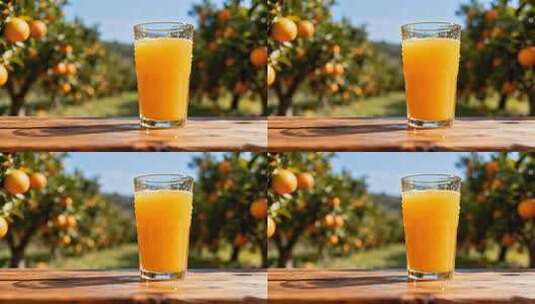 果园中木桌上的一杯橙汁高清在线视频素材下载