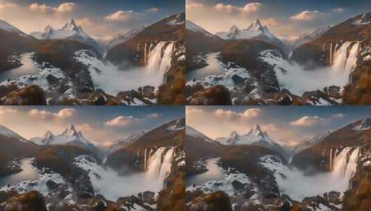 雪山瀑布自然风光全景高清在线视频素材下载