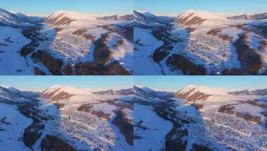 新疆阿勒泰地区禾木村雪景航拍高清在线视频素材下载