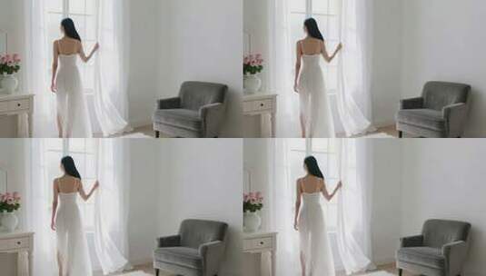 女子室内拉开窗帘场景素材高清在线视频素材下载
