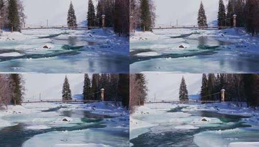 新疆阿勒泰地区喀纳斯景区雪景航拍高清在线视频素材下载