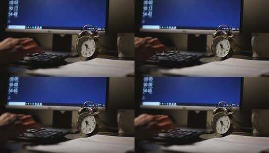 办公场景下电脑前的闹钟与计算器高清在线视频素材下载