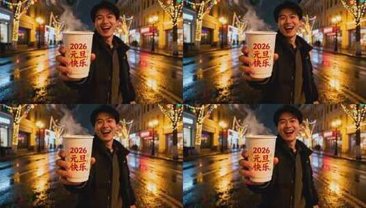 男子街头举杯庆祝2026元旦高清在线视频素材下载