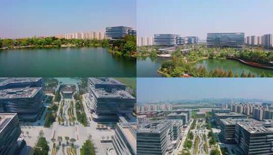 算力小镇 城市写字楼与湖景全景高清在线视频素材下载