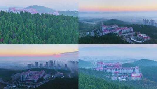 航拍晨雾中的袁寨山市立医院高清在线视频素材下载