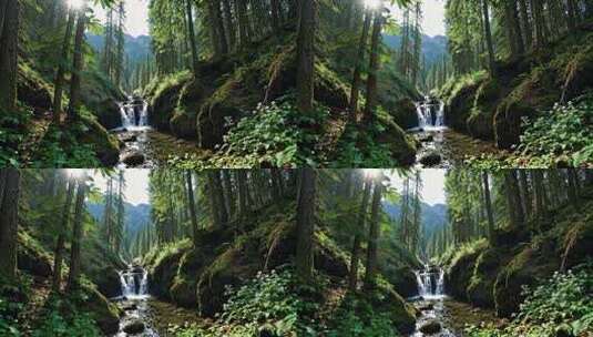 森林中的溪流与阳光风景高清在线视频素材下载