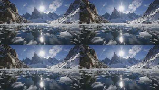 雪山下结冰湖面阳光景象高清在线视频素材下载