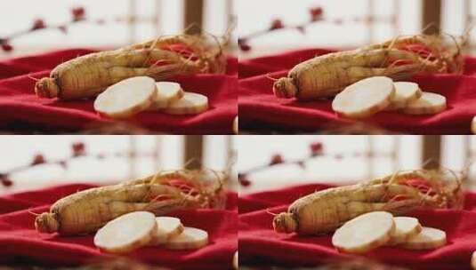 红布上摆放的人参及切片高清在线视频素材下载