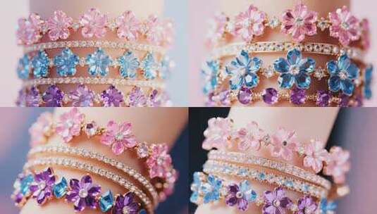 多彩宝石花朵手链特写高清在线视频素材下载