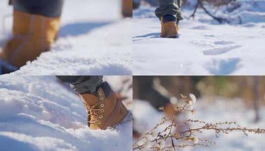 雪地中行走的户外靴特写高清在线视频素材下载