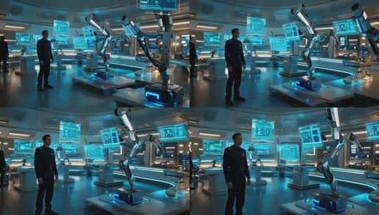 科技实验室人物与机械臂场景高清在线视频素材下载